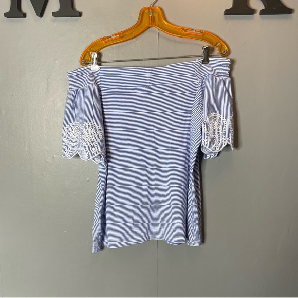 Loft Blue Striped Off-Shoulder Top with lace detail size medium - Picture 1 of 6